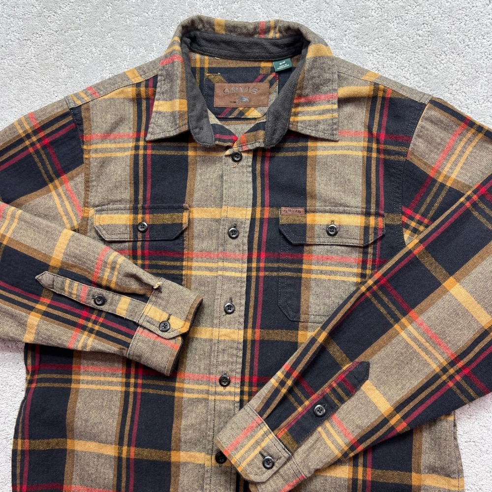 Orvis Flannel Shirt Mens Medium Brown Yellow Red Plaid Herringbone Long Sleeve